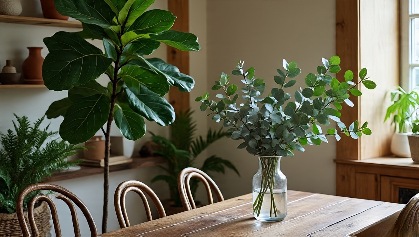 Boho dining corner with fiddle-leaf fig, eucalyptus vase on the table, and small ferns softening mixed chairs