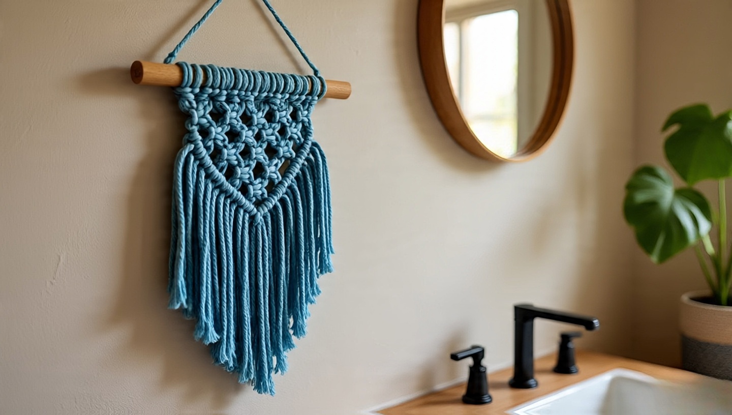 Small macramé wall hanging near mirror in neutral bathroom