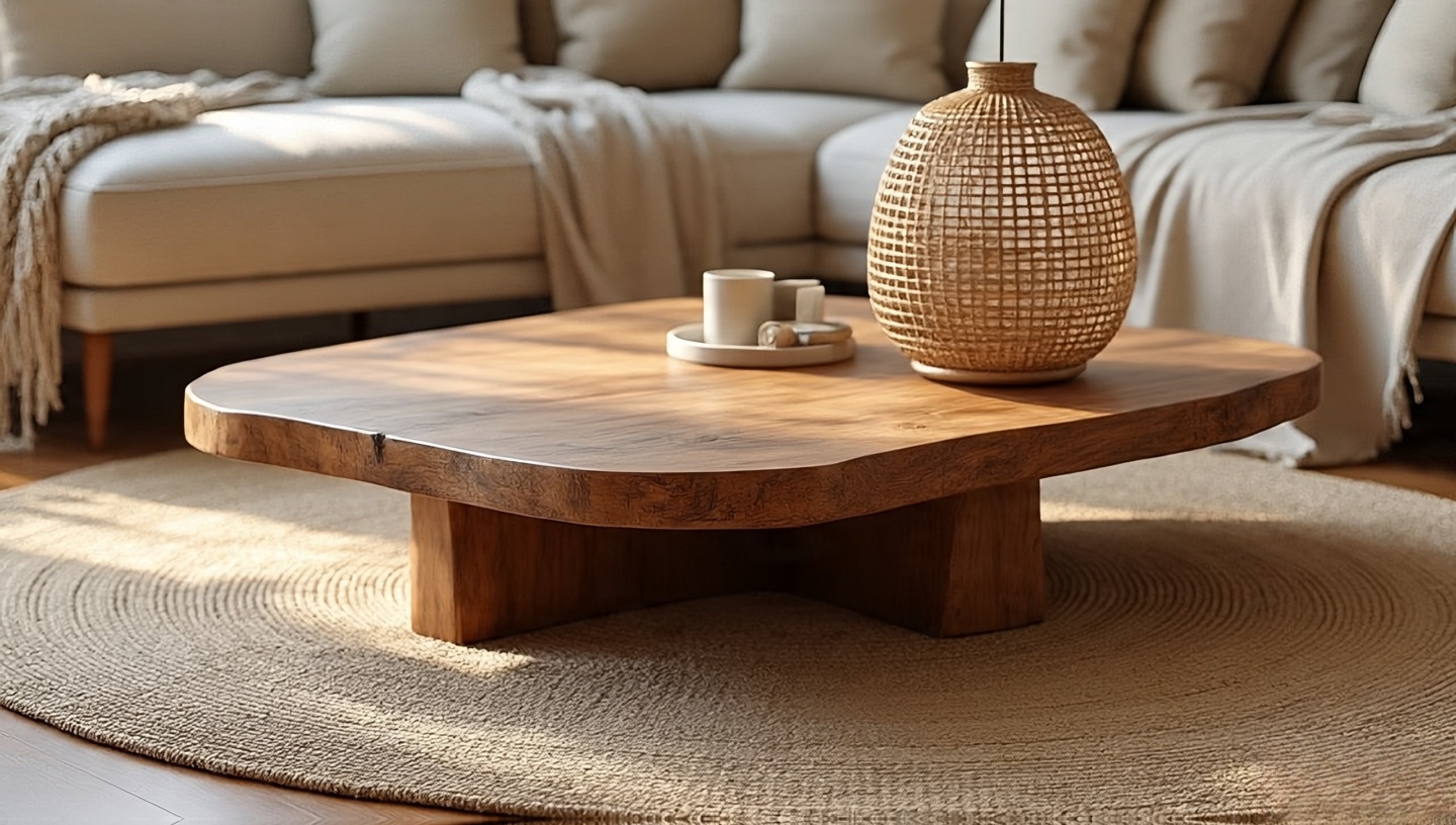 Living room layering: wood coffee table anchor, jute base, rattan lamp accent with neutral cotton and wool