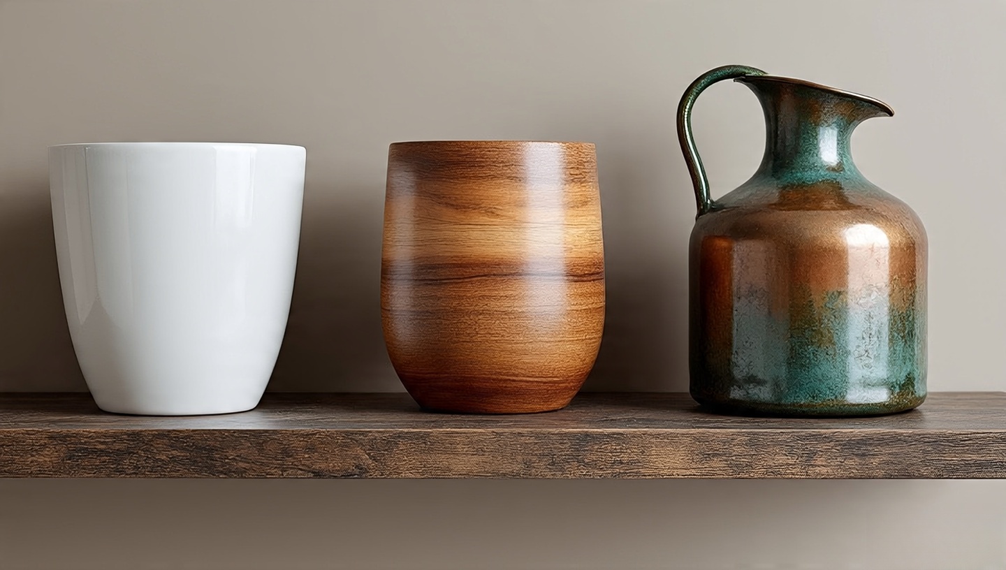 Ceramic, sealed wood, and copper planters on bathroom shelf showing durability, moisture needs, and patina in steam
