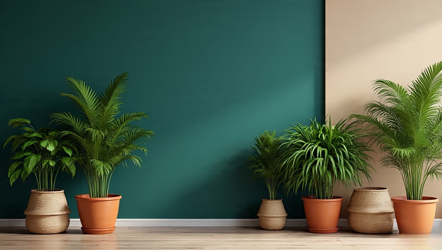 Emerald wall softened with lush real plants bridging neutrals and jewel tones