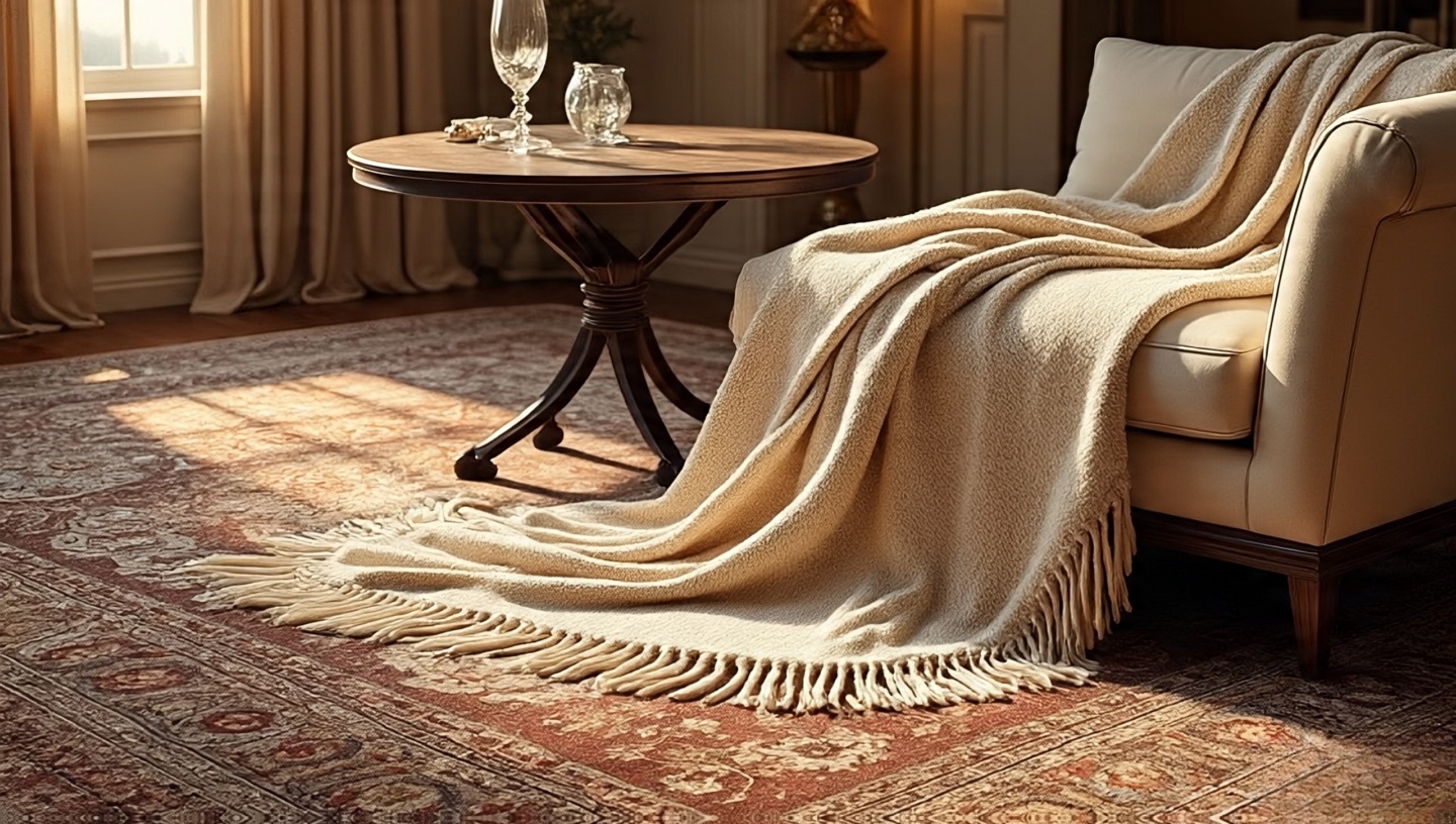 Oversized rug beneath a small dining table and an exaggerated throw for playful Boho scale