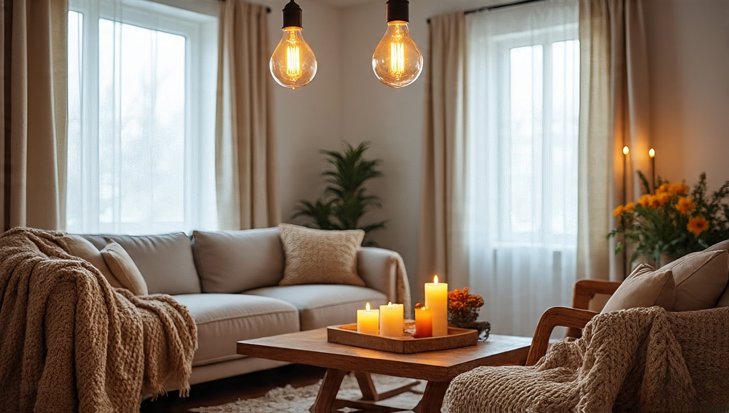 Seasonal lighting strategies showing winter candles and amber bulbs versus summer brighter task lights with sheer curtains