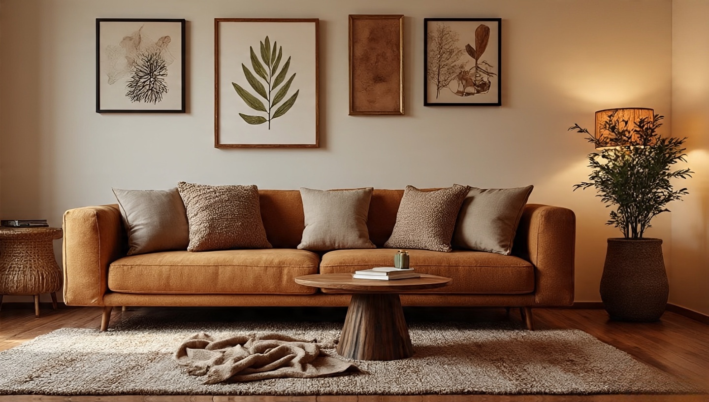 Whole-room view where boho gallery wall harmonizes with layered rug, wooden coffee table, textured pillows and plant