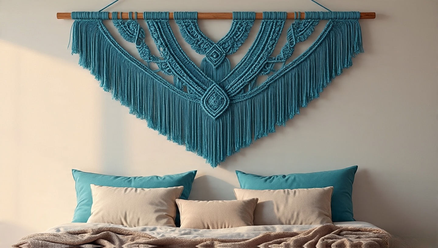 Large hand-knotted macramé wall hanging with fringes above a Bohemian bed
