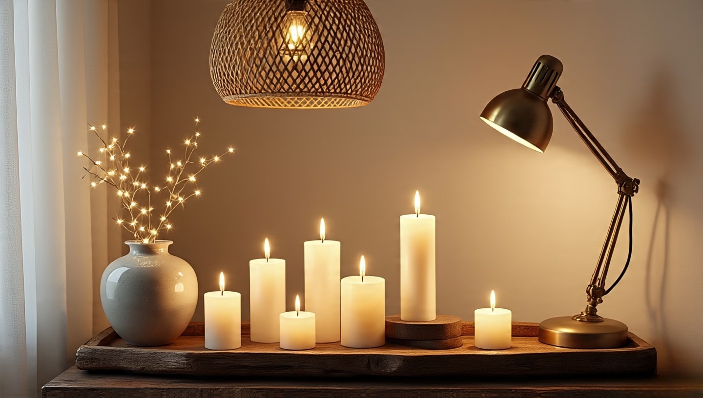 Composed Boho lighting: candles on tray, brass desk lamp, fairy lights in vase, rattan pendant above