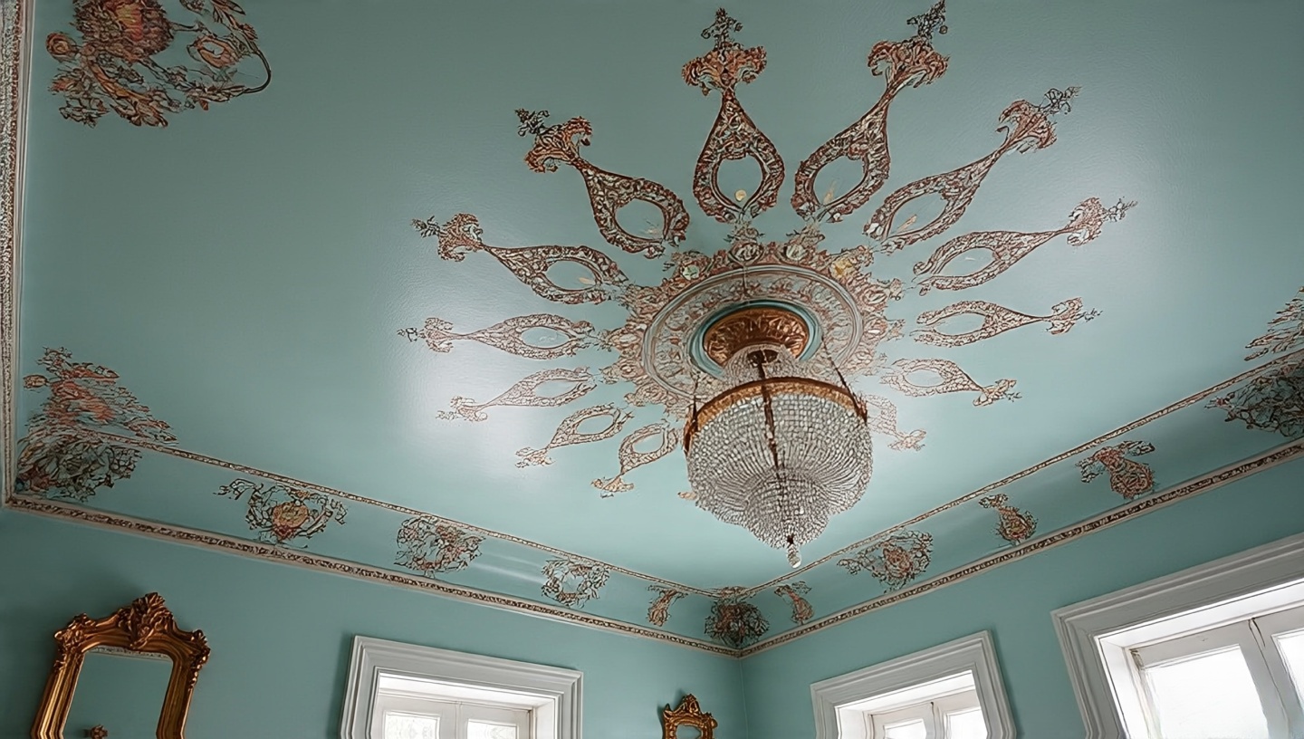 Pale blue painted ceiling with a beaded chandelier casting patterned shadows above the bed