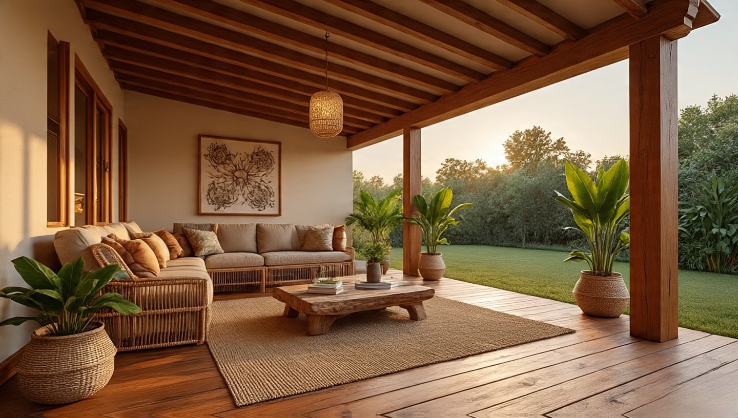Covered patio with jute outdoor rug, rattan furniture, driftwood coffee table, and potted greenery continuing the interior palette