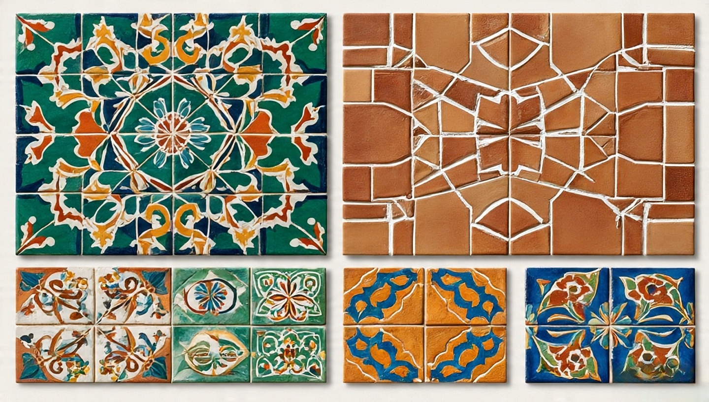Cultural fusion mood board with Moroccan, Spanish, Mexican, and Indian tile motifs