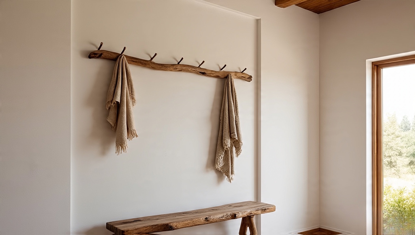 Driftwood coat rack with simple cotton textiles in minimalist Bohemian entry