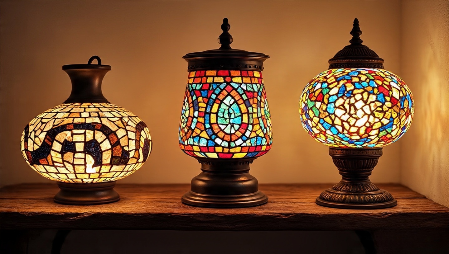 Curated shelf of travel-found lights: Turkish mosaic, Oaxacan clay, Balinese woven pendant, Venetian glass