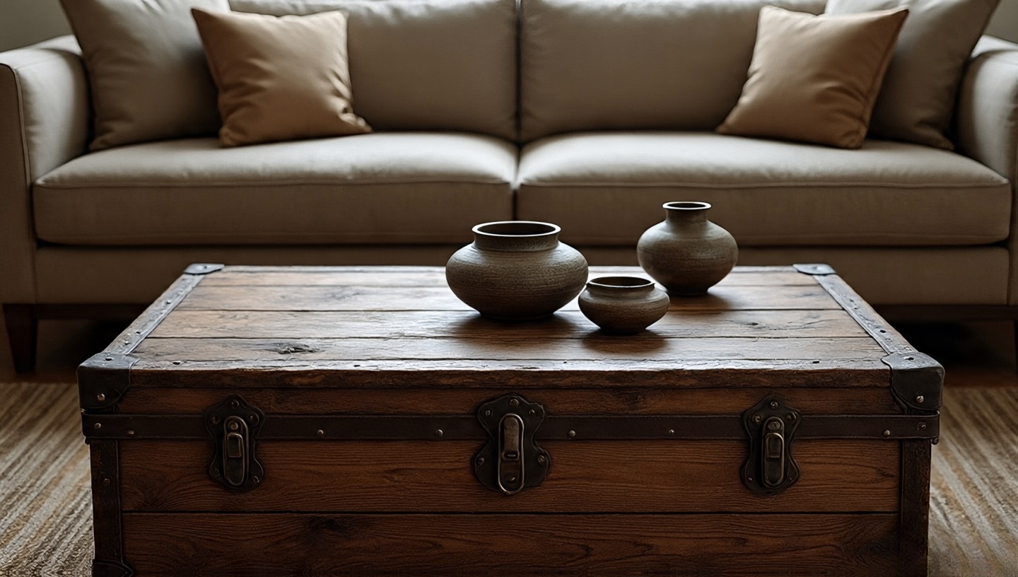 Low trunk-style coffee table set about 5–8 cm lower than seat height and two-thirds the sofa length, styled with pottery