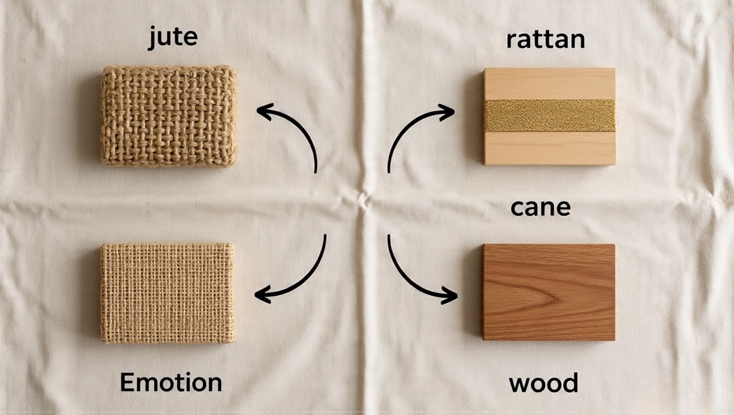 Quadrant flat lay showing jute, rattan, cane, and wood samples arranged by function and emotion