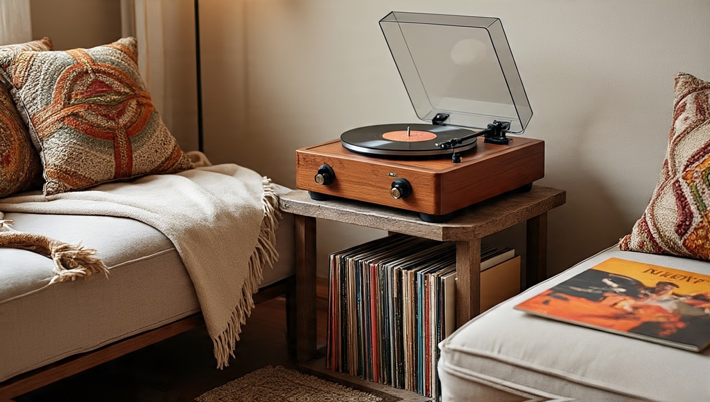 Boho sofa corner with cushions and a small vinyl record player on a rustic side table