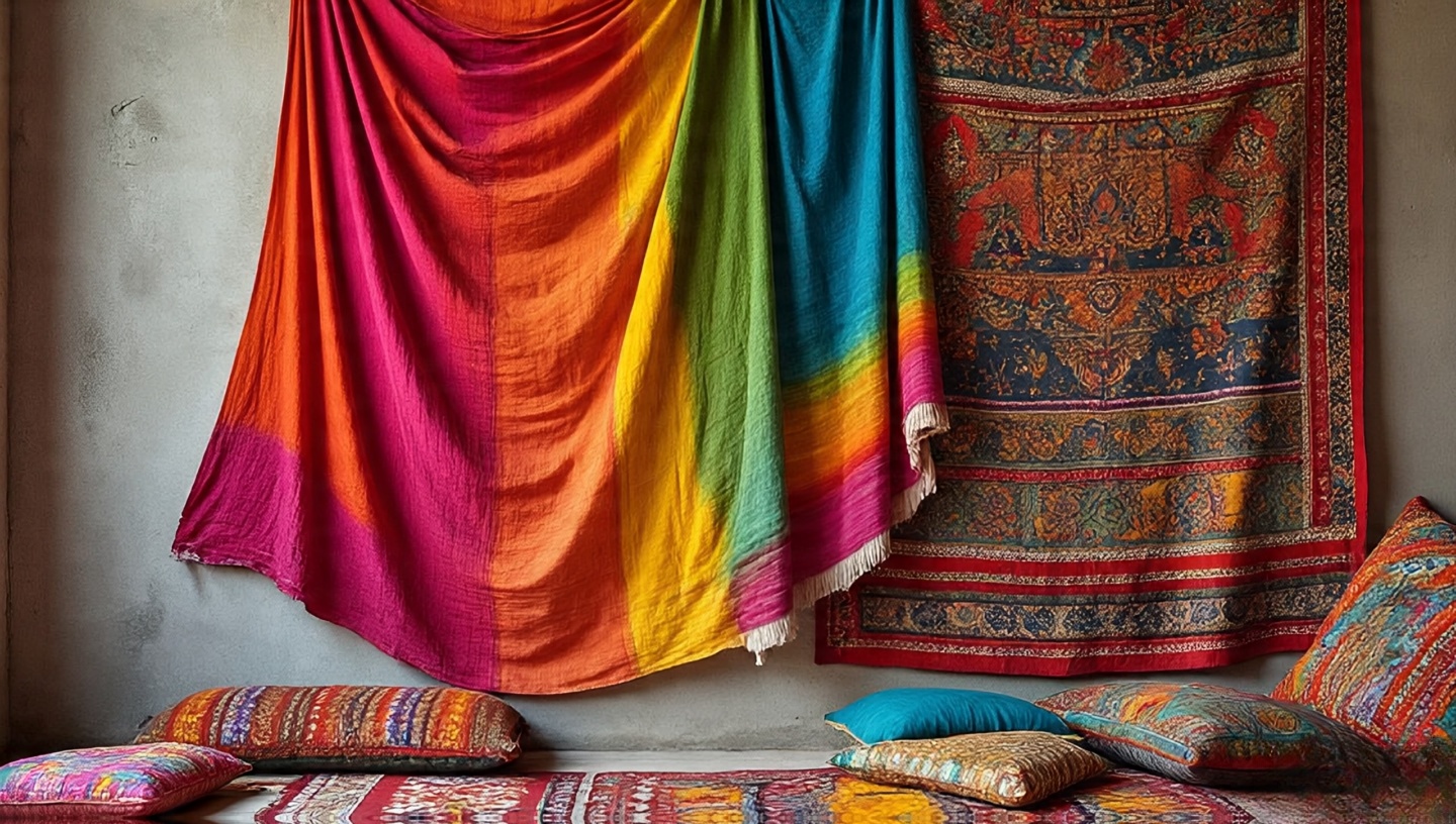 Bright sari fabric and tapestry draped across a concrete balcony wall with cushions echoing the colors
