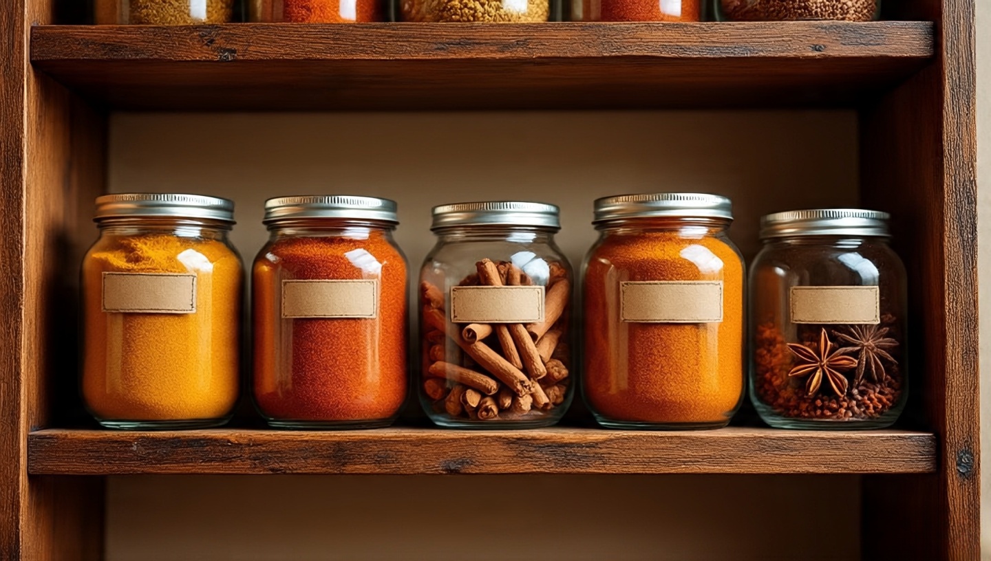 Open spice shelves with clear glass jars labeled by hand