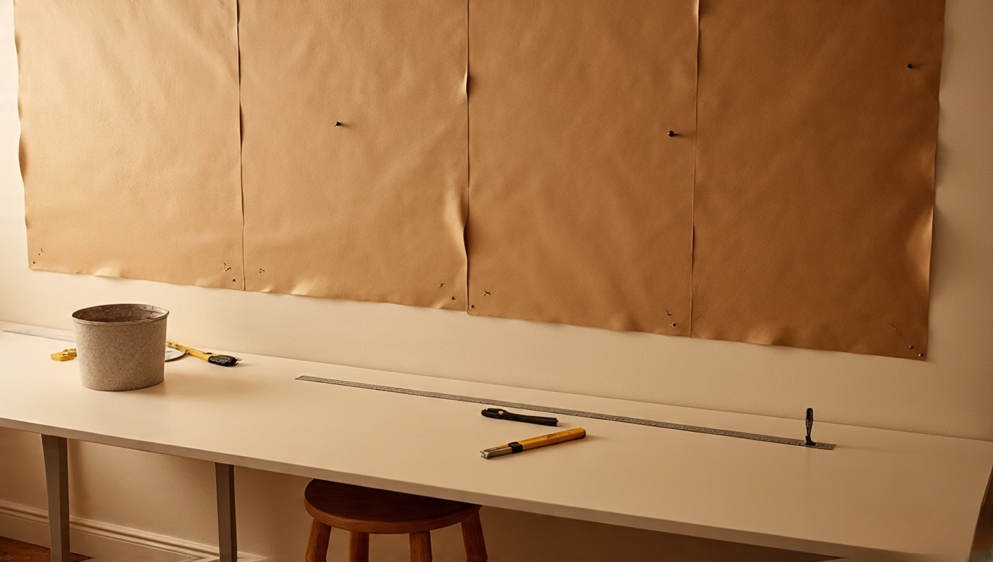 Tape-and-template method with kraft paper cutouts on wall, spacing guides, level, ruler and hooks ready