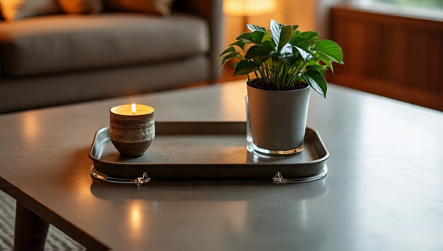 Coffee table tray proportioned to the table, styled with candle, small plant, and hand-thrown cup