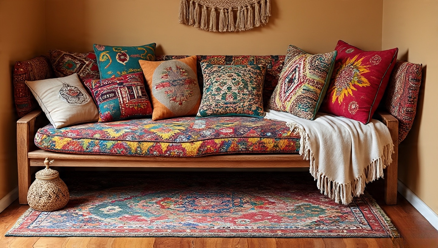 Intuitive Boho nook where mismatched rugs and cushions harmonize into a personal, joyful space
