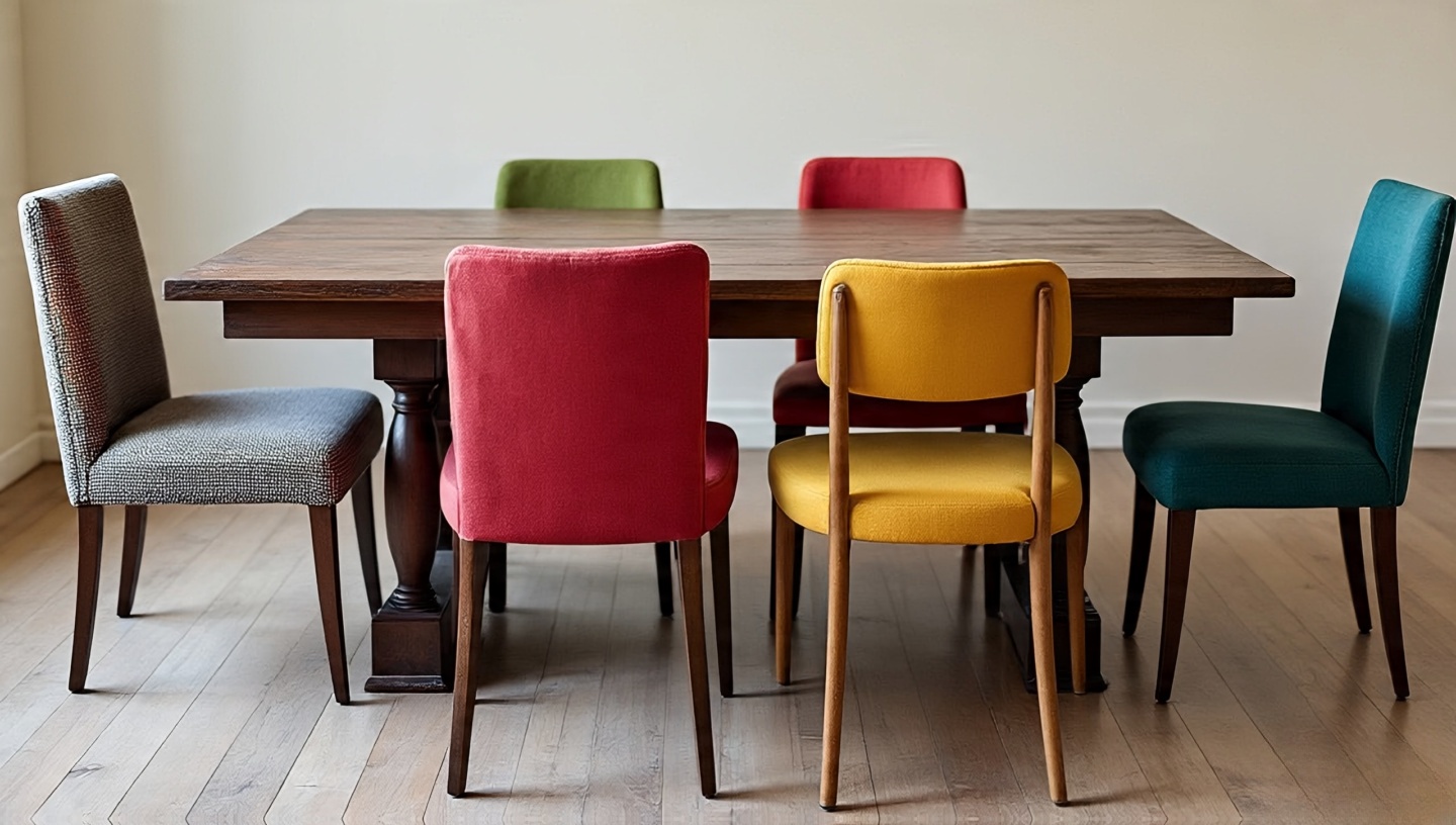 Side-by-side view of a high-quality solid wood table with budget mixed chairs versus a cheap table showing wear