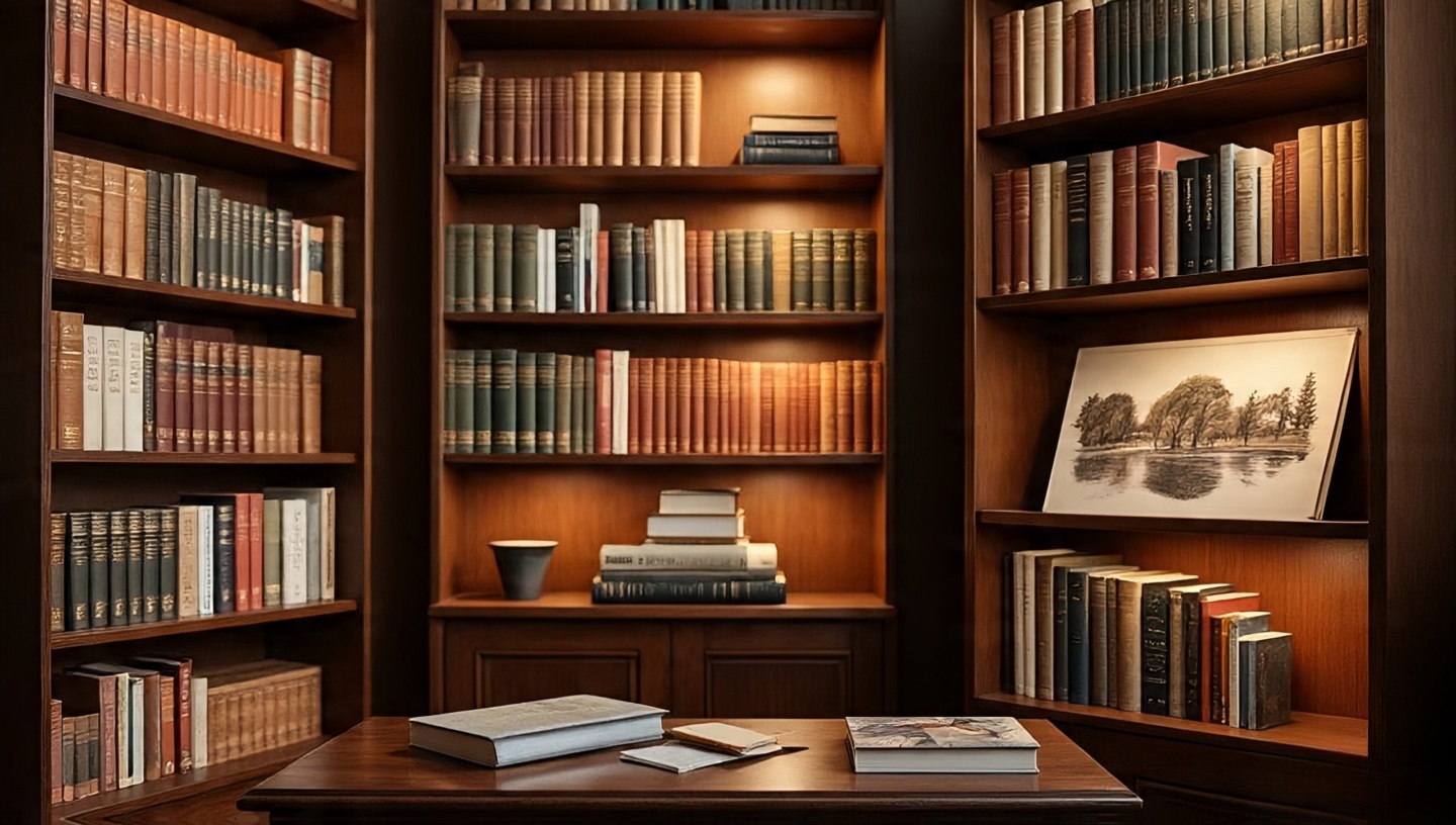 Books styled as texture with vertical rows, horizontal stacks, and a face-out art book grouped by tone