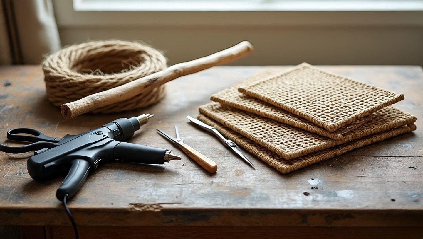 Tabletop with coiled jute rope, driftwood branch, cane panels, glue gun, and scissors for DIY Boho decor