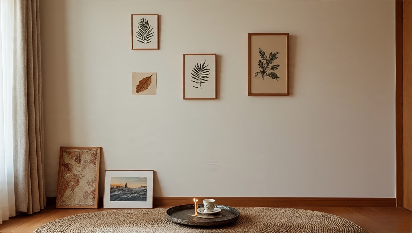 Quiet corner facing the gallery wall with tea tray, candle and alternate art pieces ready to swap for intentional curation