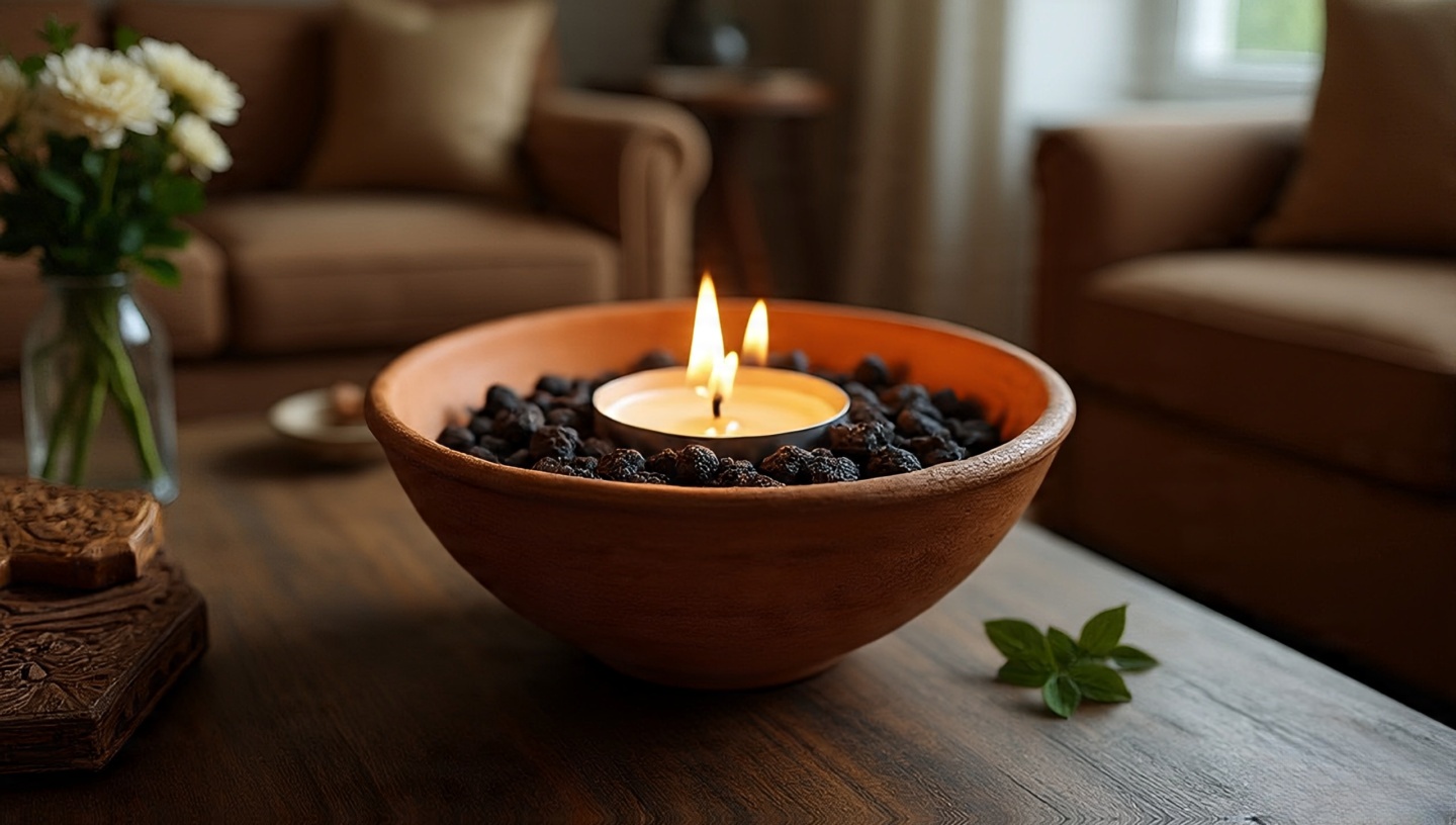 Tabletop clay bowl filled with candles and lava rocks creating a controlled mini fire pit ambiance