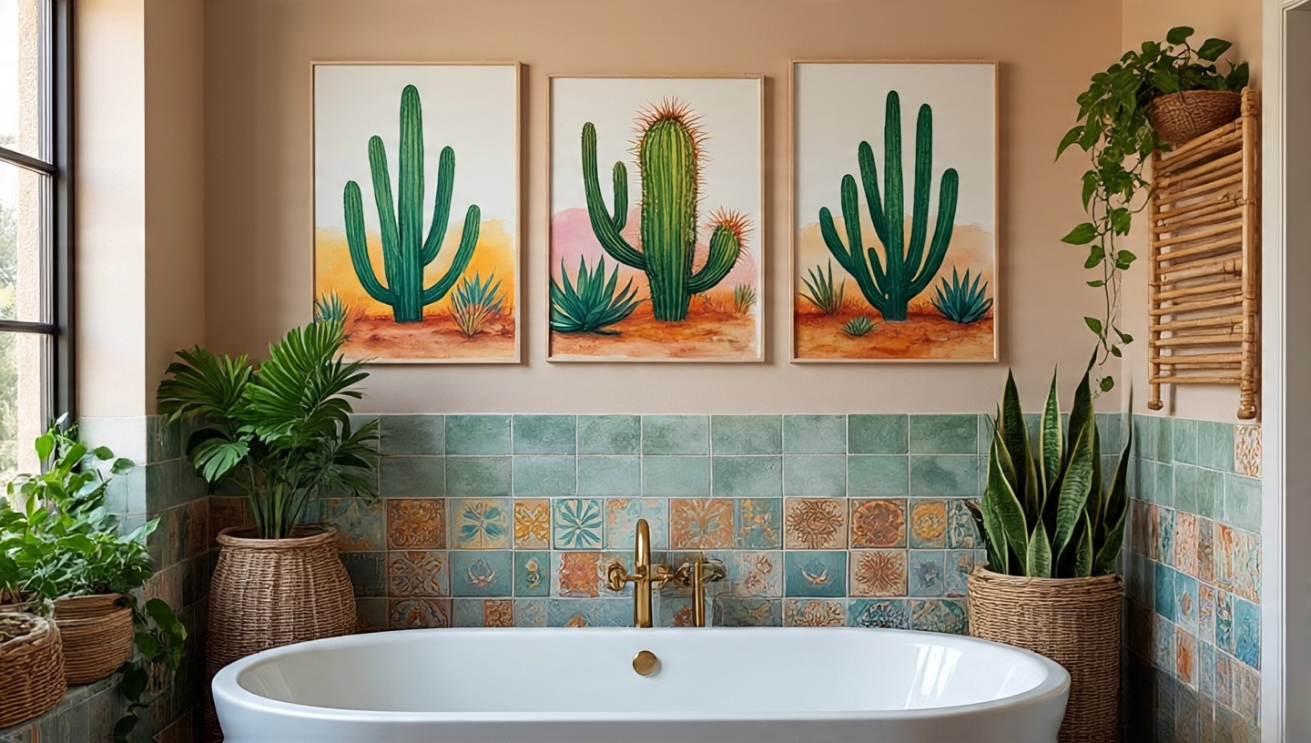 Framed desert cactus watercolor above bathtub