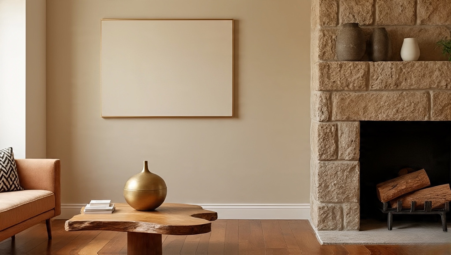 Subtle gold picture frame and lamp base against raw wood and stone textures