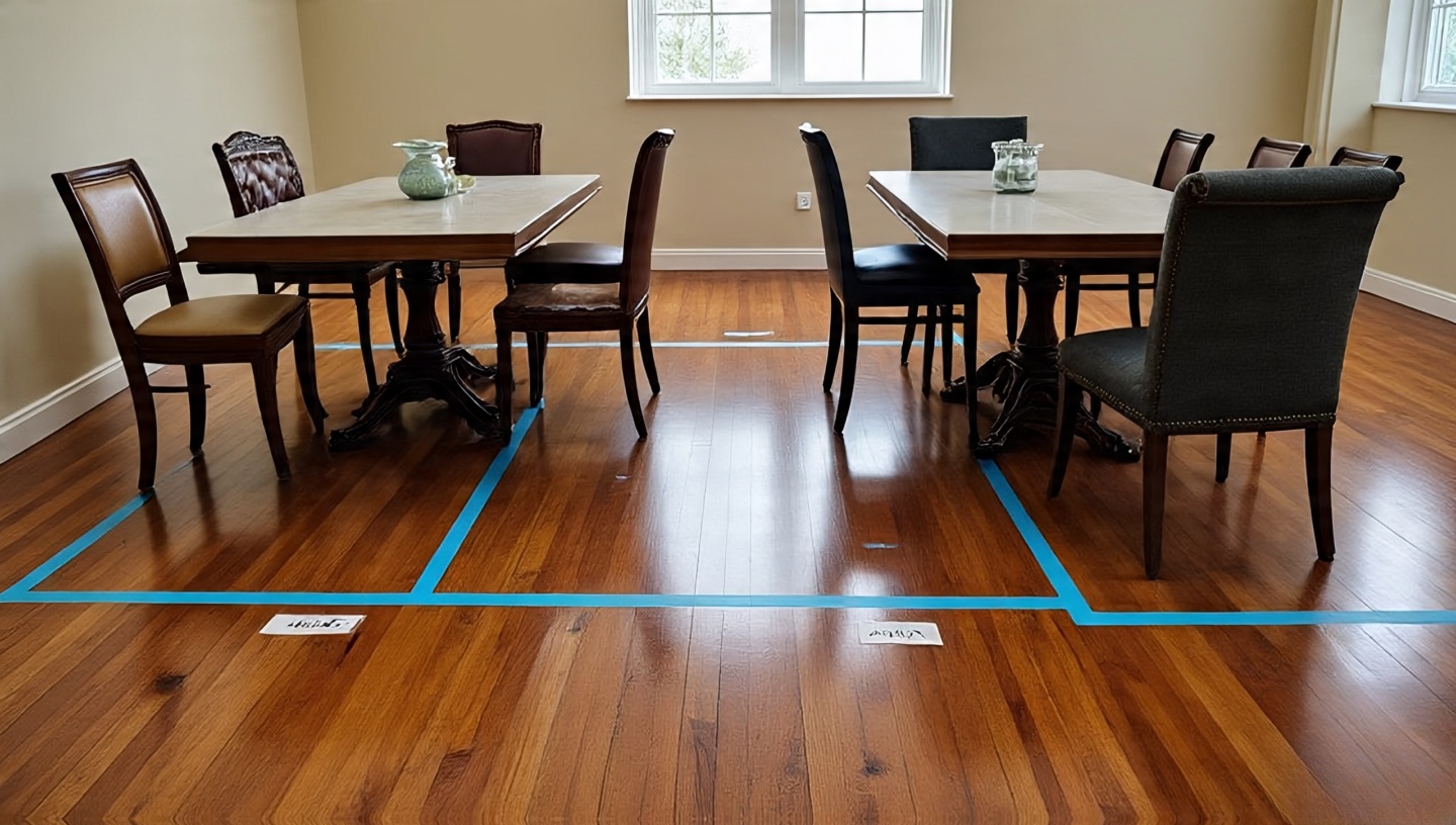 Mock-up dining layout with mismatched chairs arranged on taped floor outlines to test proportions