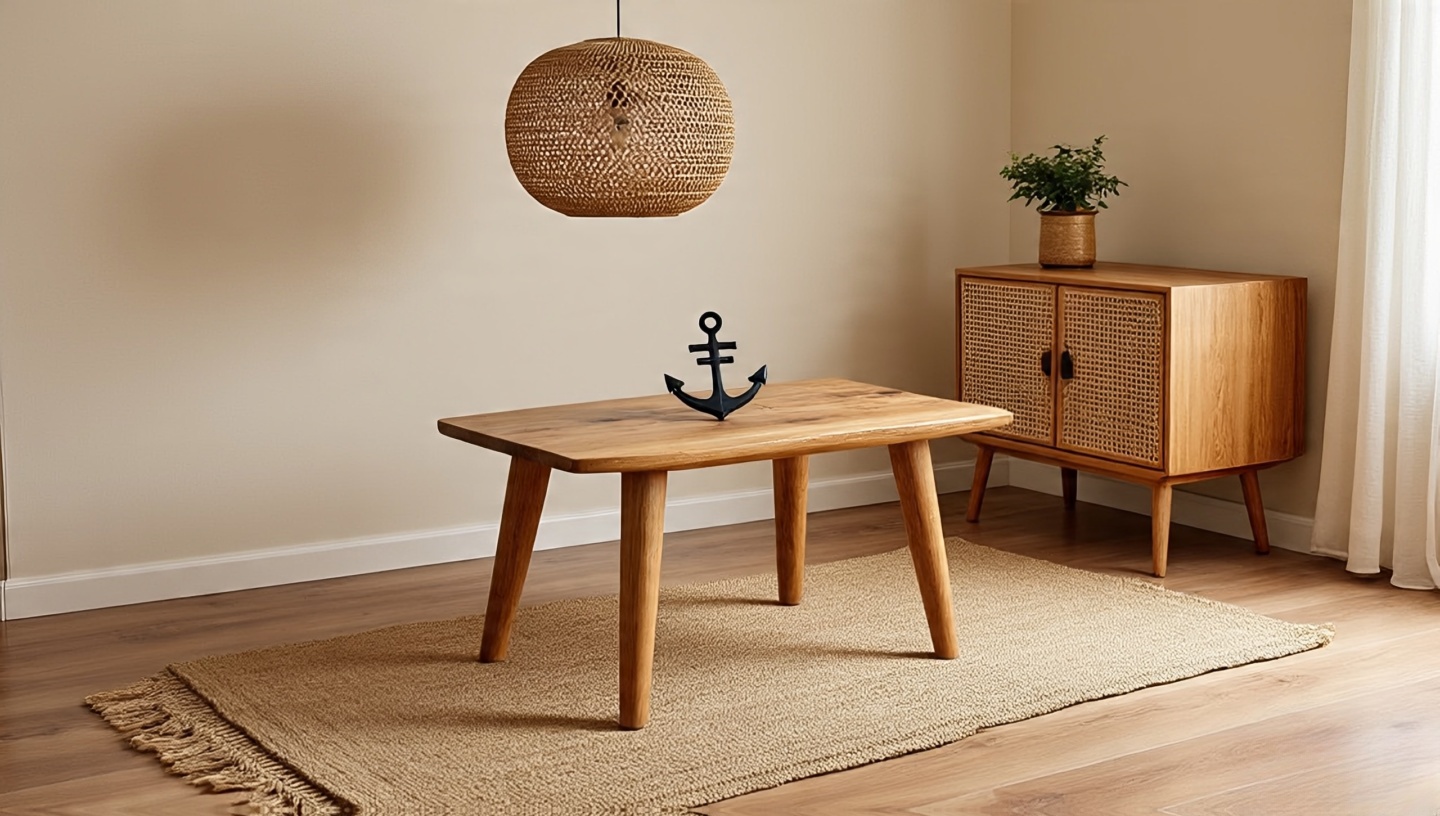 Stepwise vignette: wooden anchor placed first, jute rug rolled out, rattan pendant hung, cane cabinet added, plant last