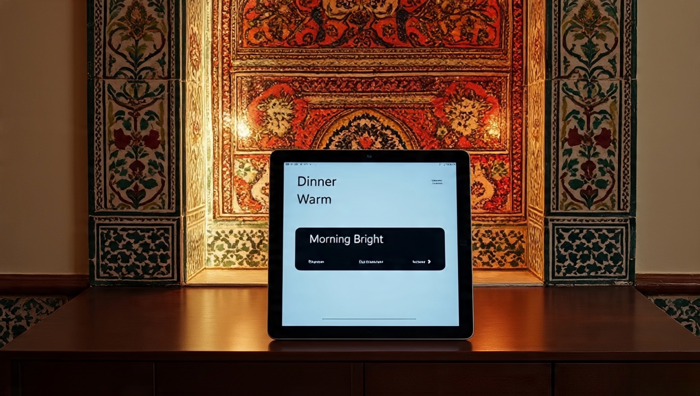 Smart lighting tablet controlling warm and cool scenes over Moroccan tiled niche and Indian textile