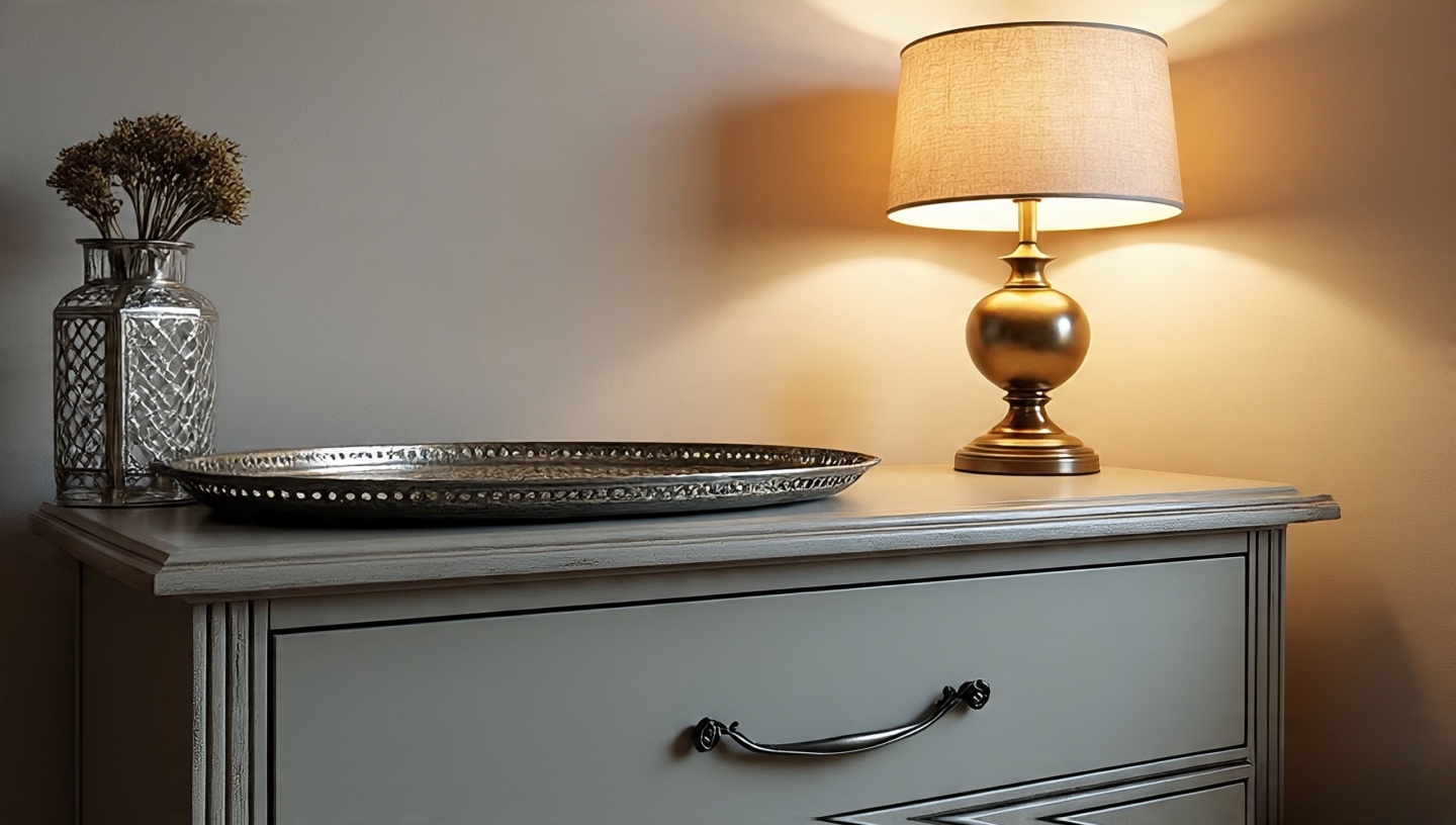 Mixed metals on a Bohemian dresser: brass lamp, silver tray, matte black hardware together