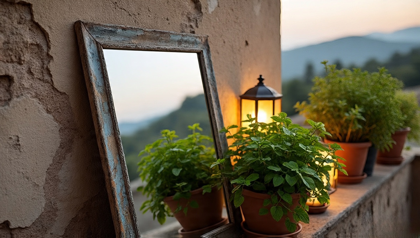 Aged rustic mirror leaning on balcony wall, reflecting greenery and lanterns with soft patina