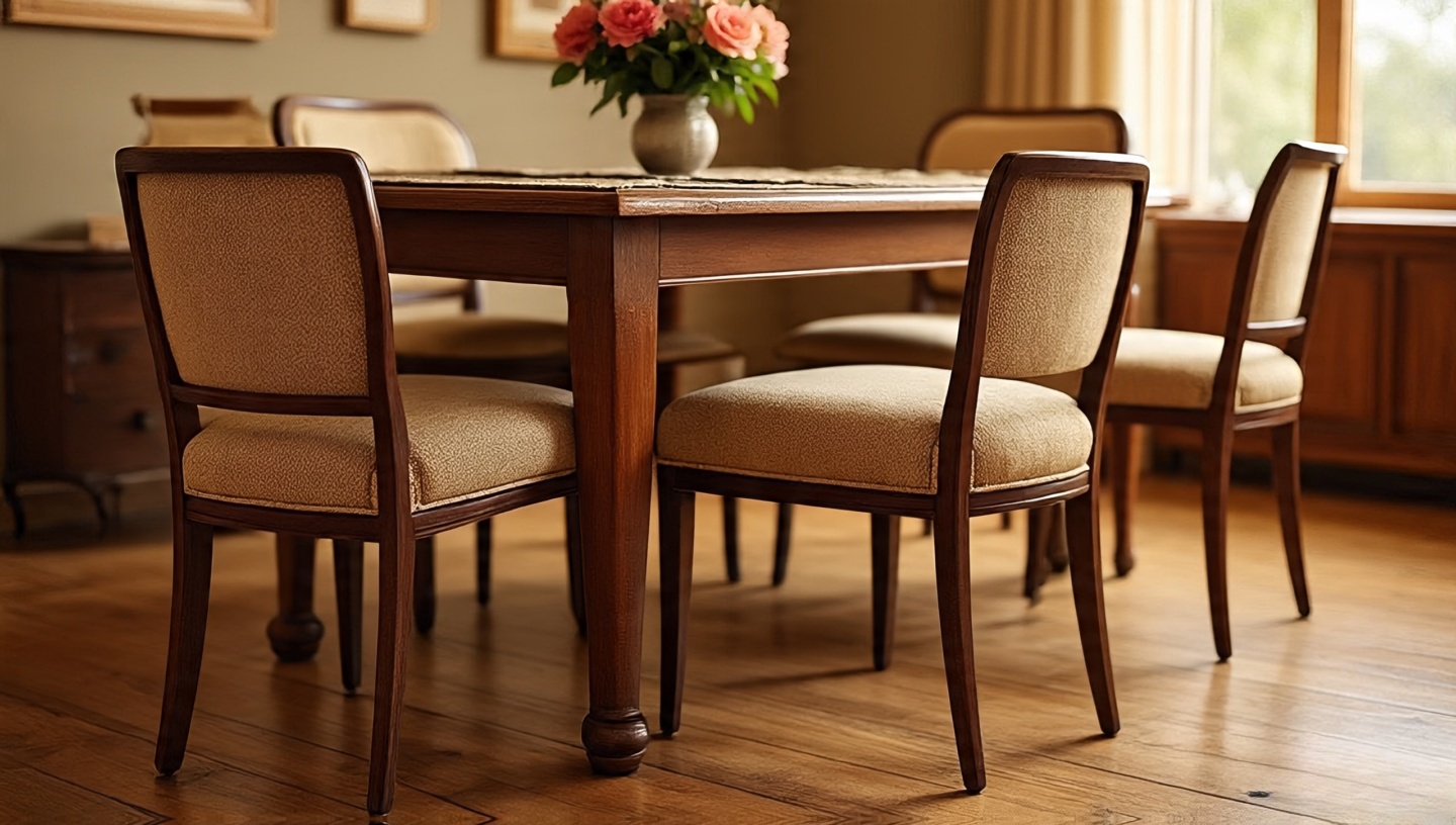 Dining scene with varied chair silhouettes unified by matching cushions and harmonious wood tones