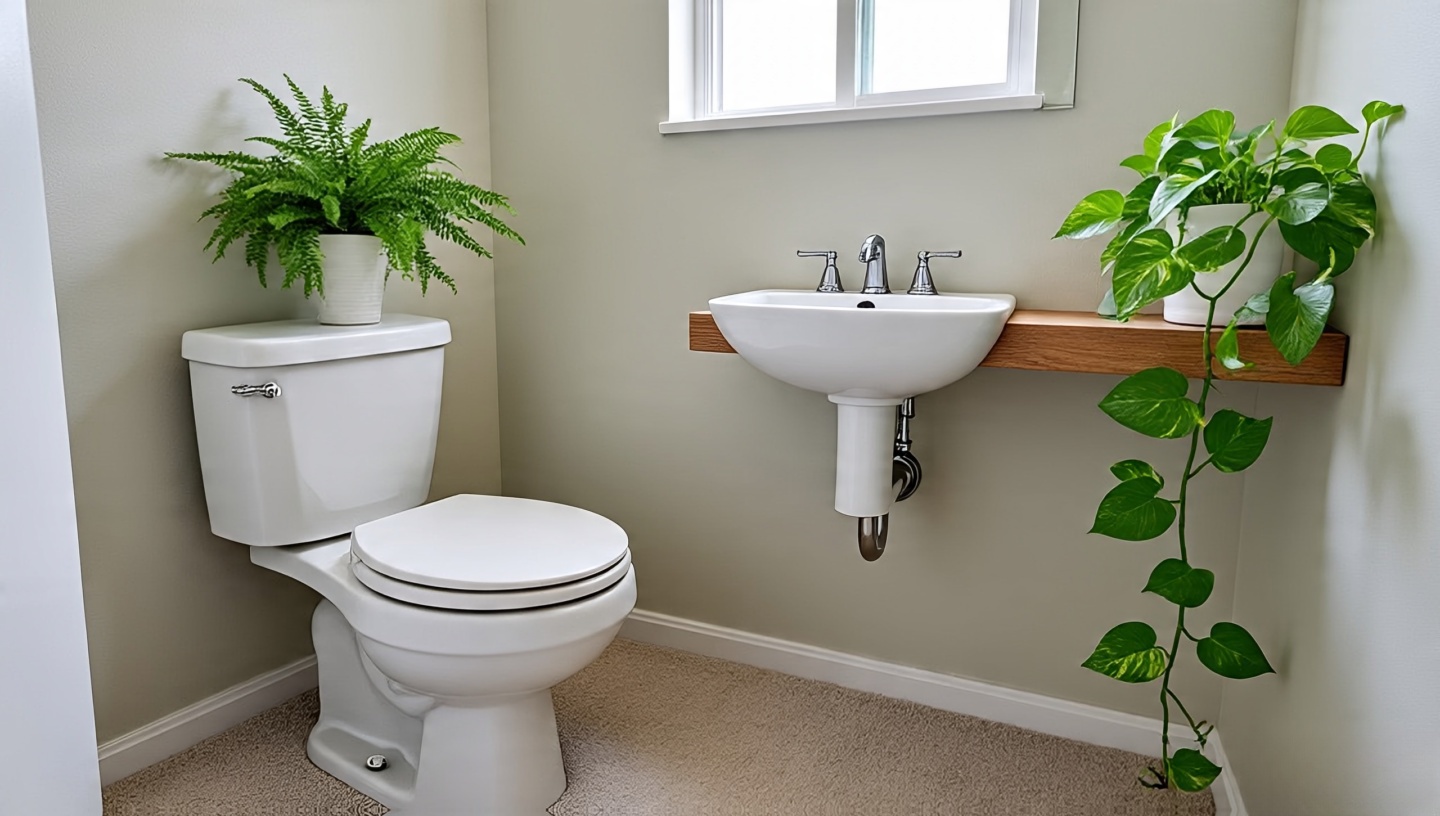 Tiny powder room with fern on toilet tank and pothos on floating shelf, uncluttered and efficient use of space
