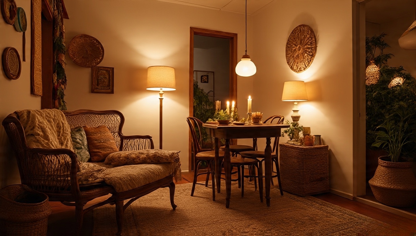 Boho living space at dusk with floor lamp, dining candles and soft hallway pendant signaling evening transition