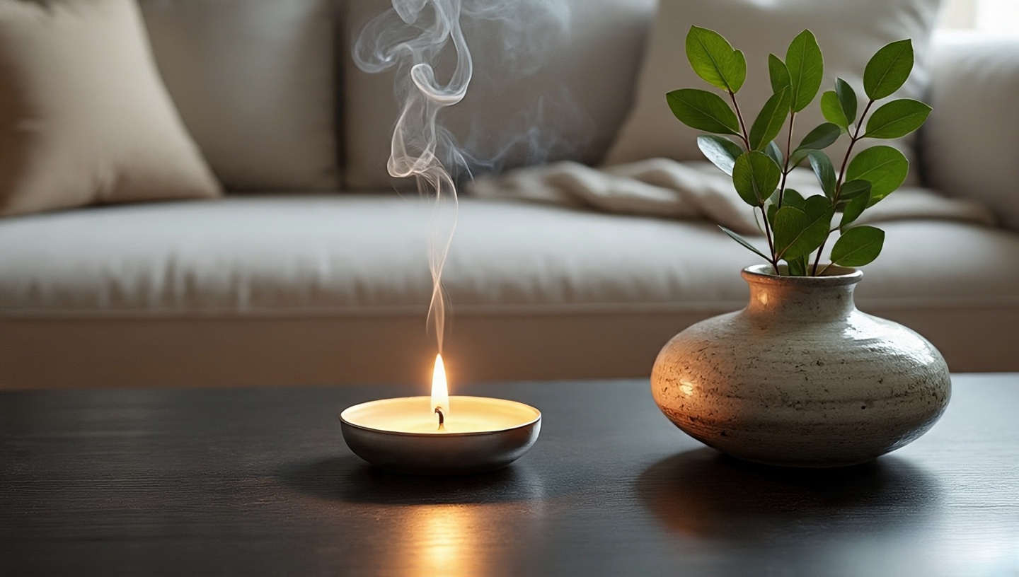 Coffee table with sandalwood candle, ceramic incense holder and fresh eucalyptus near the Boho sofa
