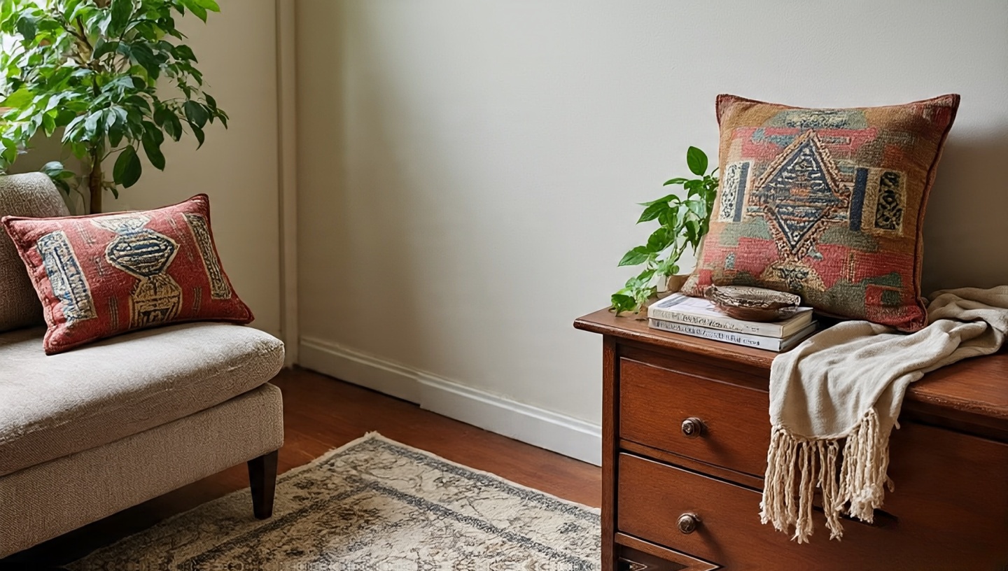 Sustainable Boho vignette with repurposed throw as pillows and secondhand natural-fiber rug