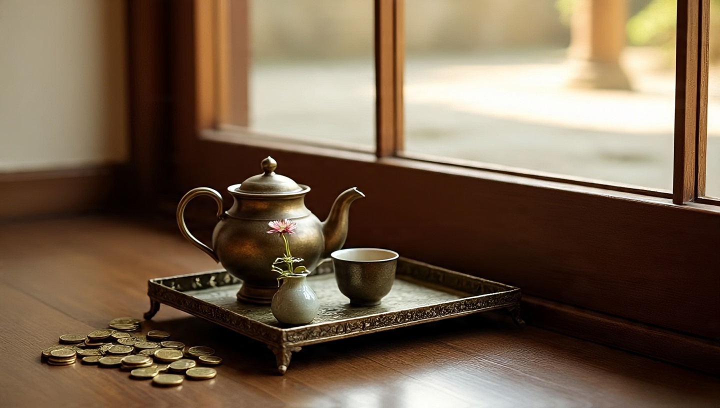 Moroccan brass tray side table by a window scattering soft morning light across the floor