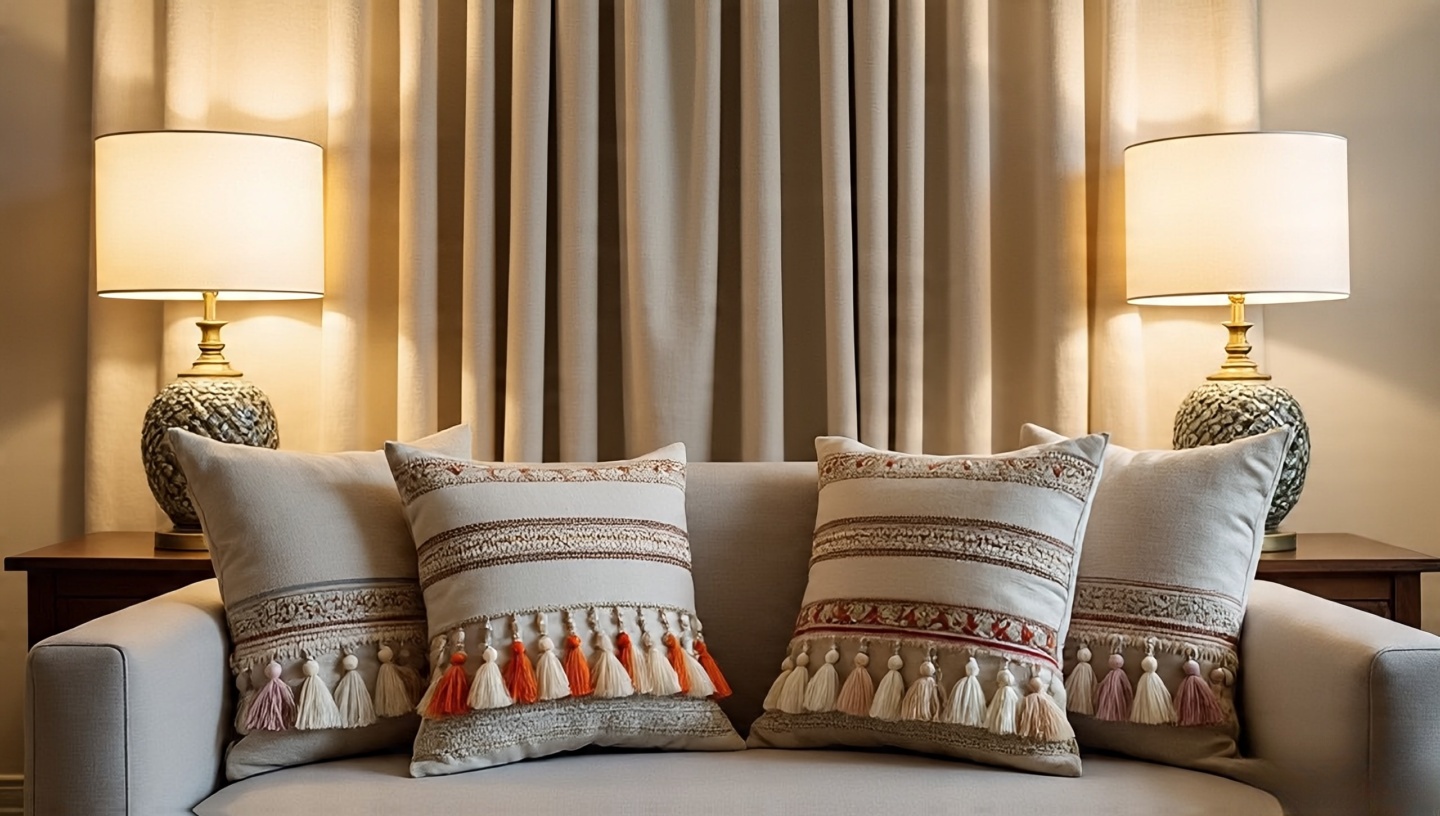 Cotton tassel cushions, beaded lampshade trim, and fringe curtains used sparingly as playful accents