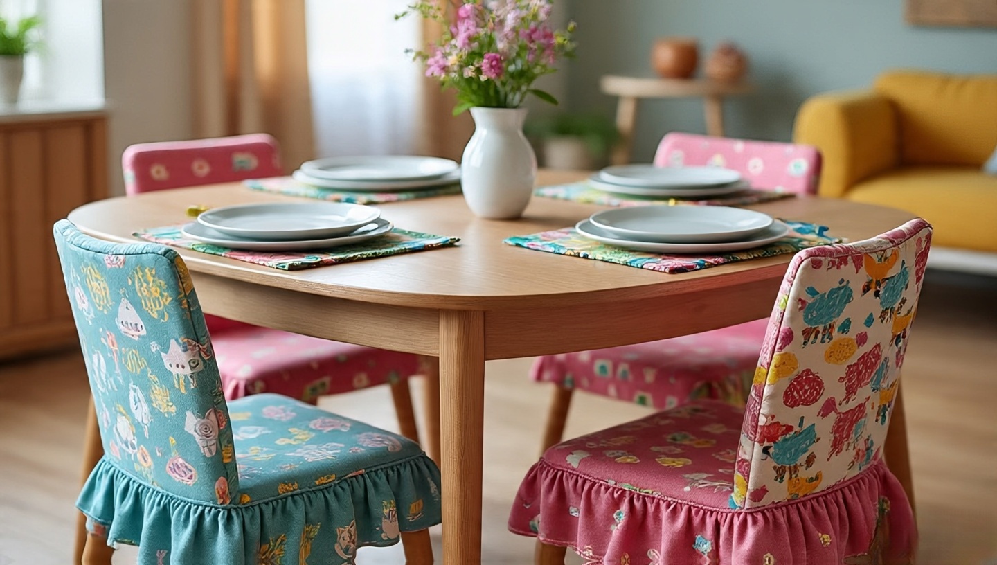 Kid-friendly Boho dining setup with rounded edge table, washable slipcovered chairs, and durable laminate top