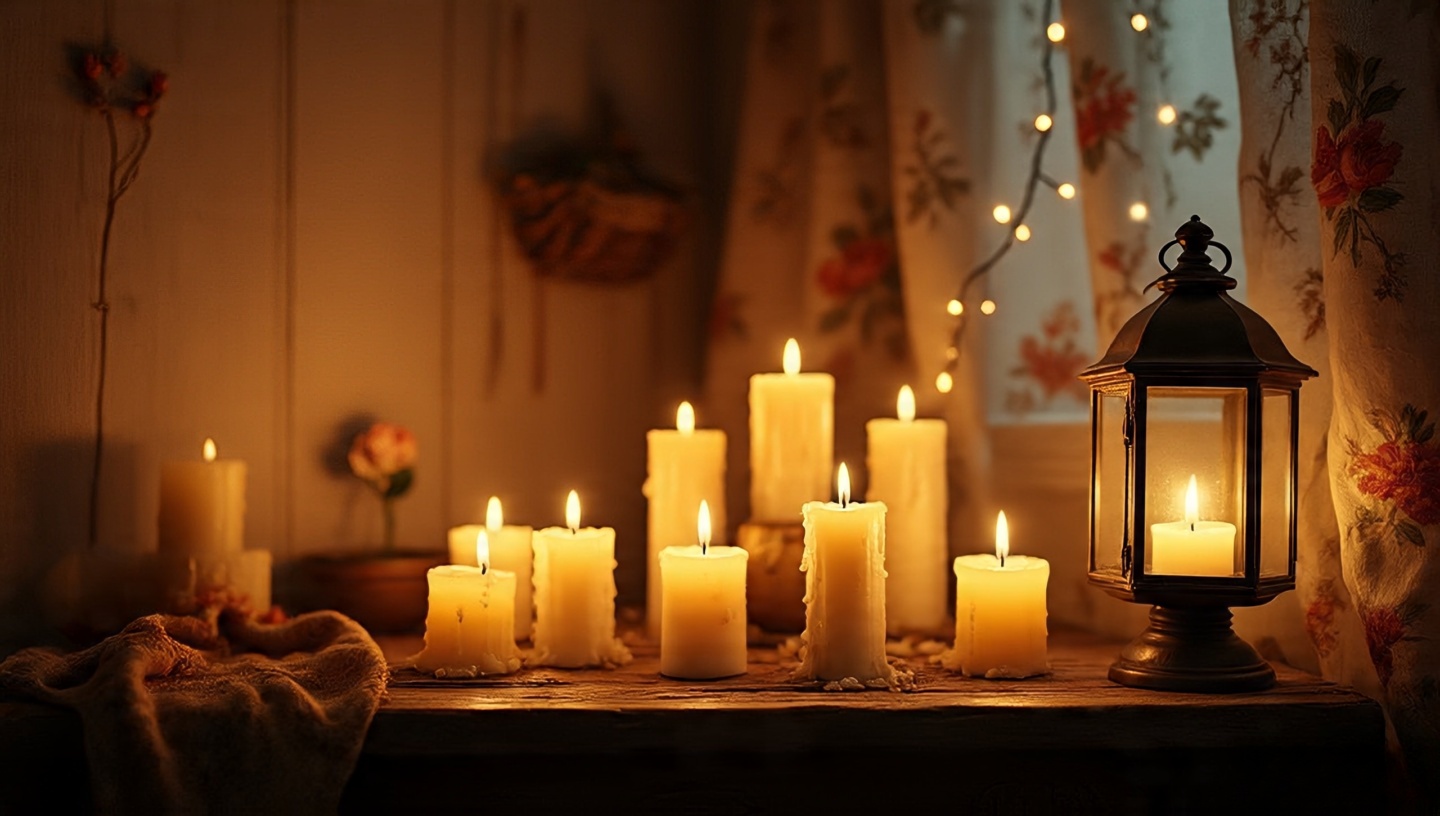 Lived-in Boho vignette with lantern, clustered candles and loosely strung fairy lights for alive atmosphere