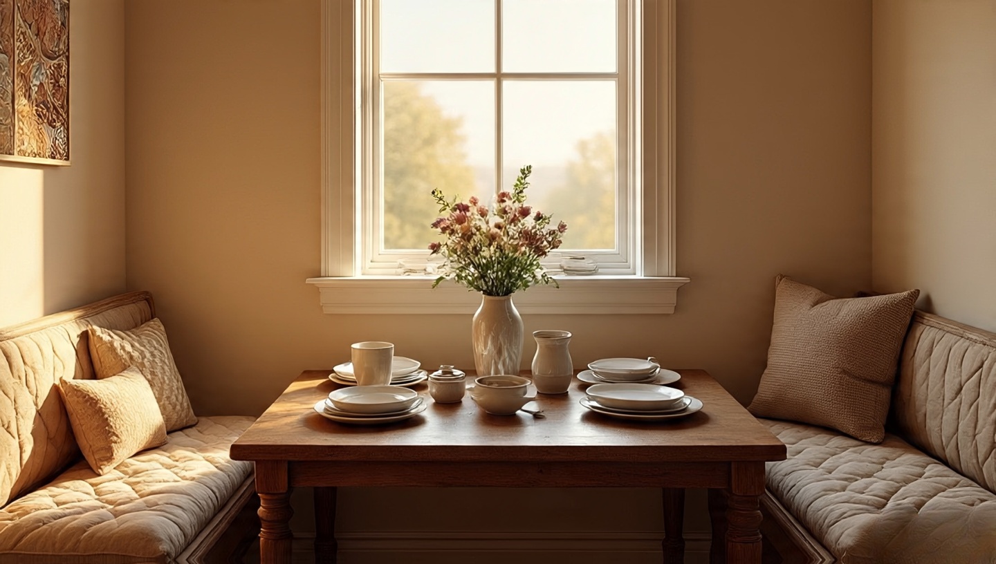Cozy breakfast nook with bench seating and quilted cushions by a window
