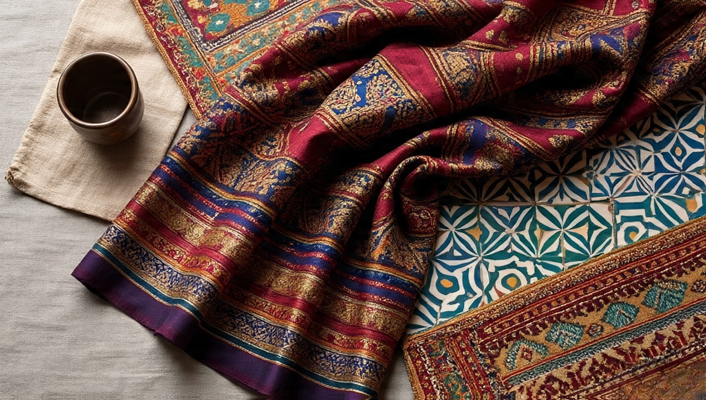 Still life of cultural textiles like Indian sari and Moroccan patterns inspiring palette choices