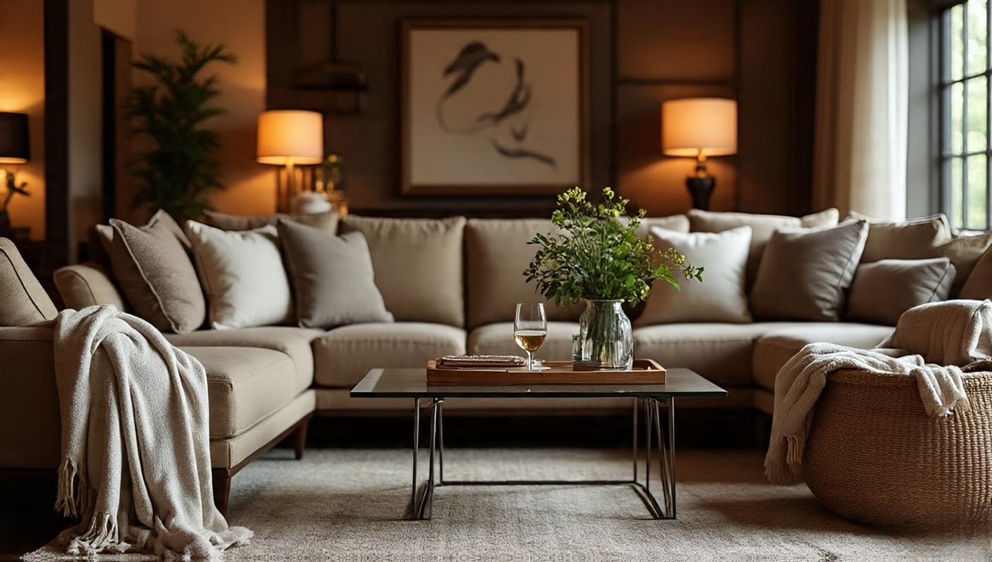 Boho sofa arranged for hosting: inclusive cushion layout, clear coffee table with wooden tray and extra throws