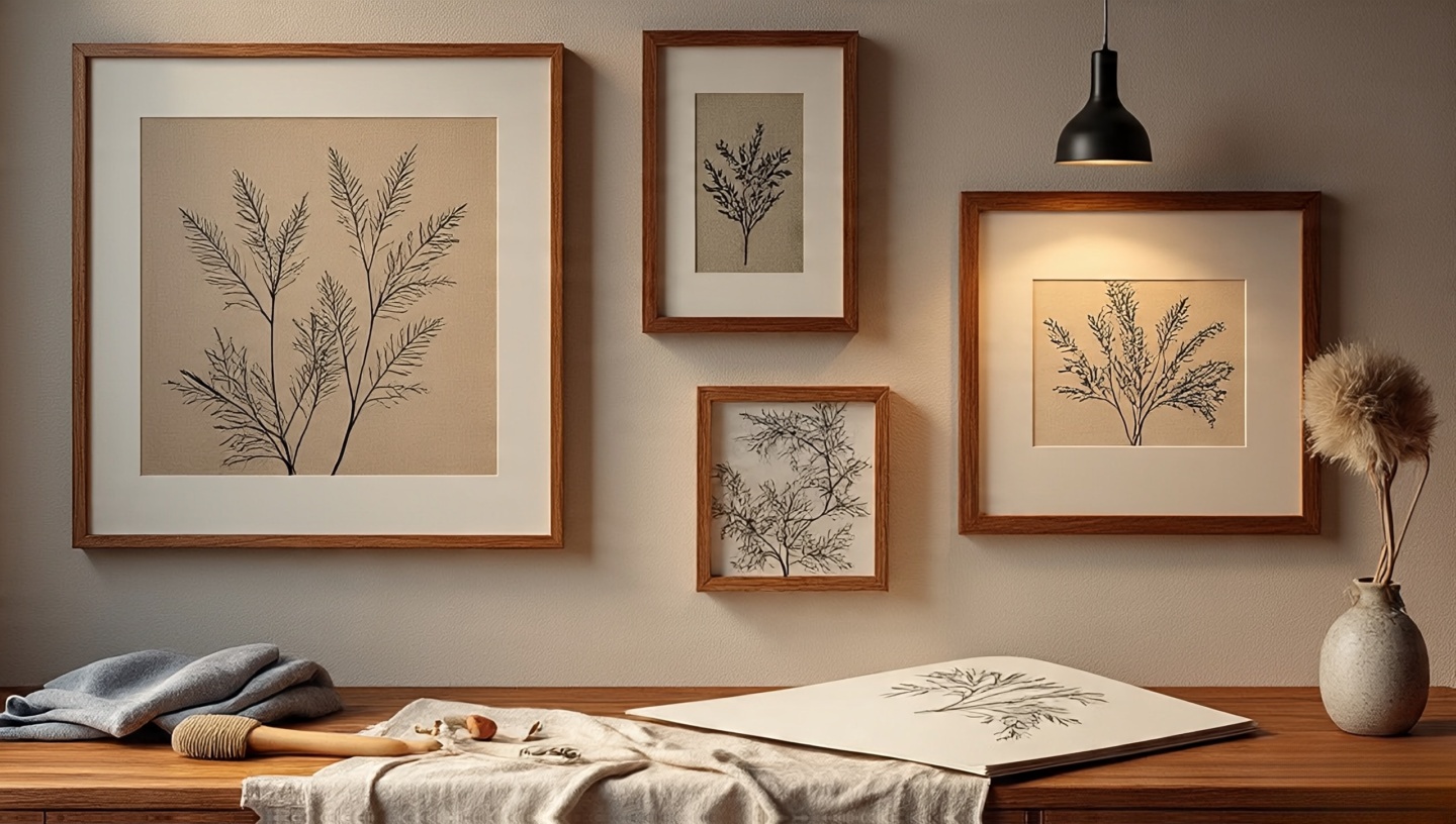 Gallery wall maintenance tools: microfiber cloth, soft brush, hanging hardware, storage folio and a frame with tightened wire