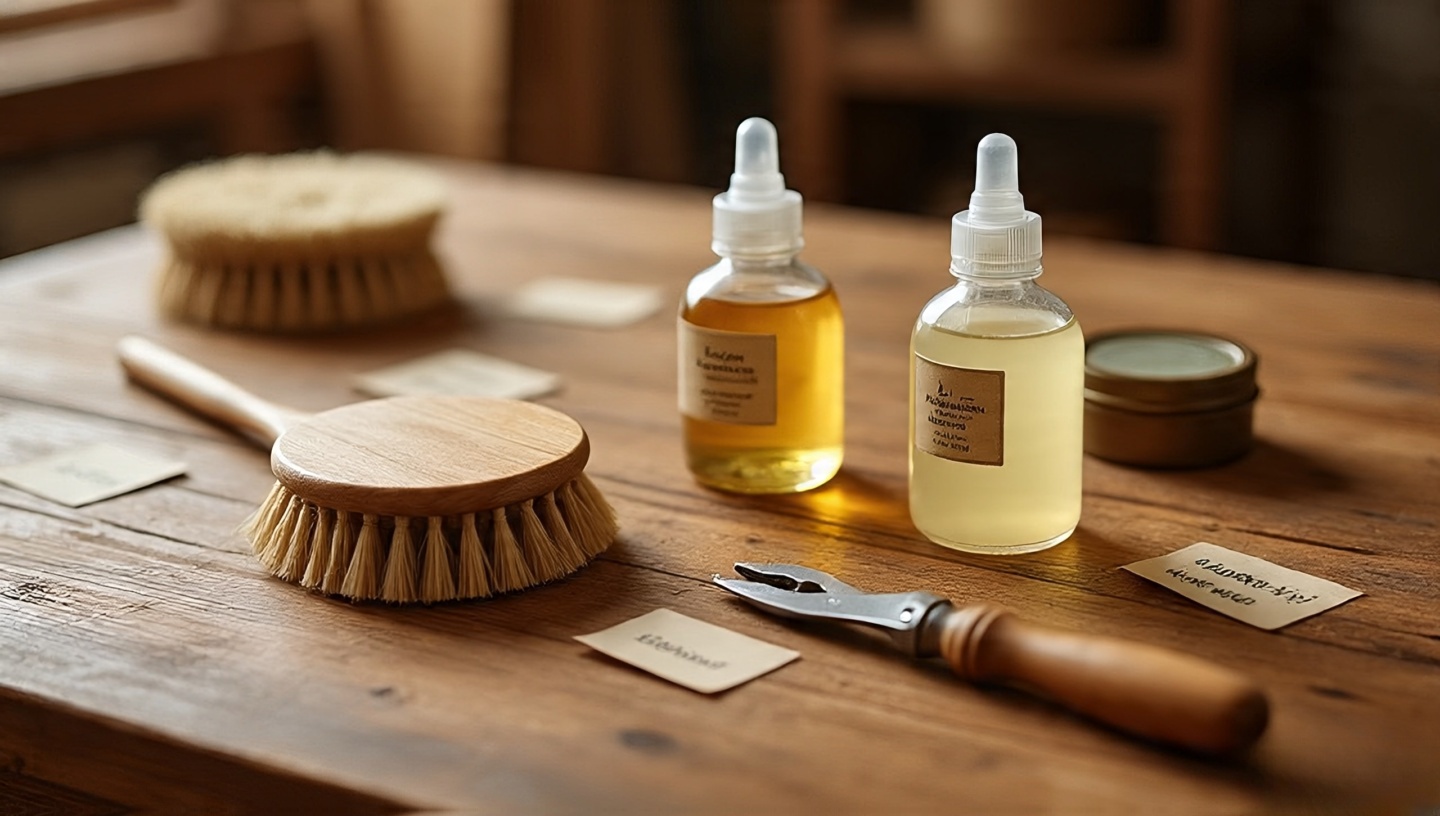 Maintenance tools flat lay: brush for jute, oil for rattan, spray for cane, beeswax for wood