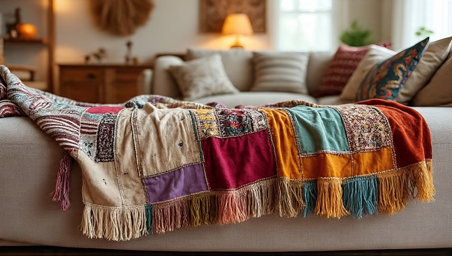 Colorful patchwork throw of velvet linen and cotton on neutral sofa